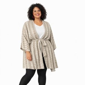 LuLaRoe Savannah Kaftan L/XL Taupe Stripe Belted Kimono Boho Duster Cardigan NEW